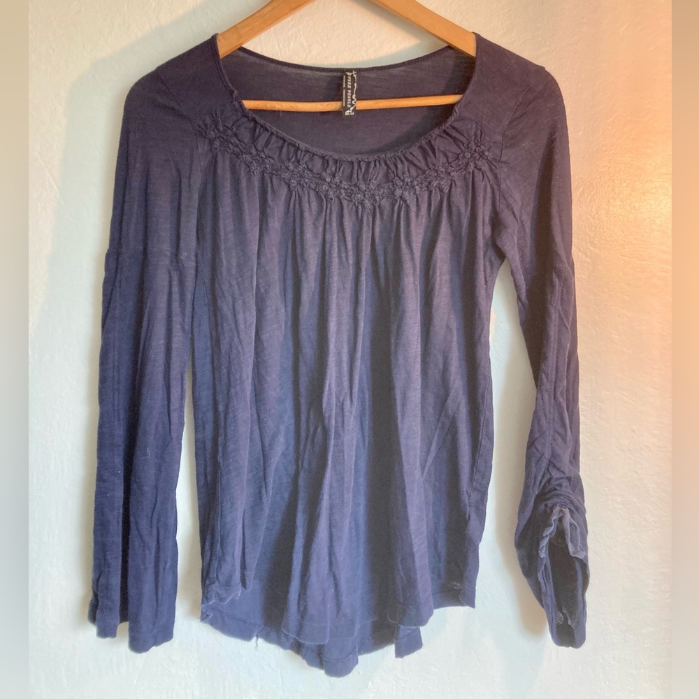 Free People Blue Smocked Long Sleeve Blouse (xs)